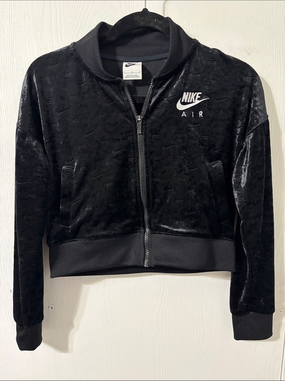 Nike Air Black Velour Womens Cropped Jacket Embroidered Logo Like New Size Large